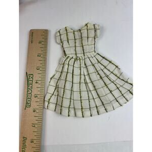 1960s Barbie clone white green check day dress, cap sleeves, 2-snap back vtg